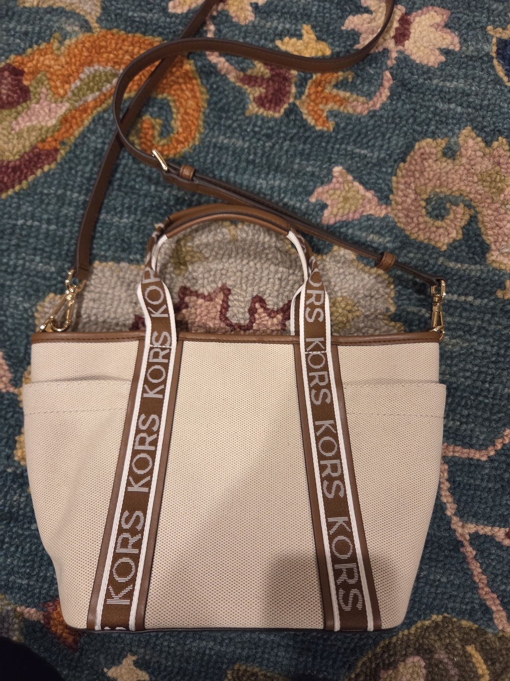 Michael Kors Cream Canvas Tote Crossbody with Brown Trim - Picture 2 of 11
